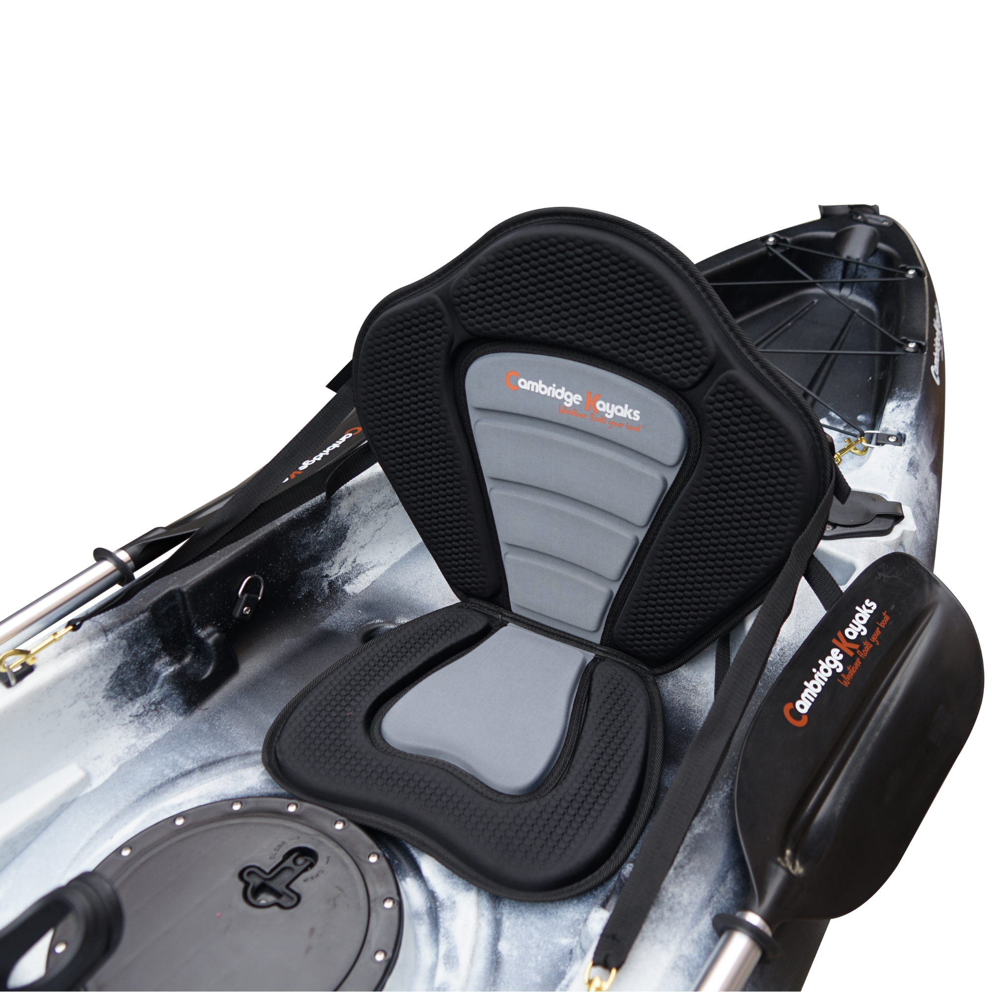 Cambridge Kayaks Sunfish Double Fishing Kayak in black white camo, overhead shot showing full patterned hull and dual seating configuration for UK kayak anglers.