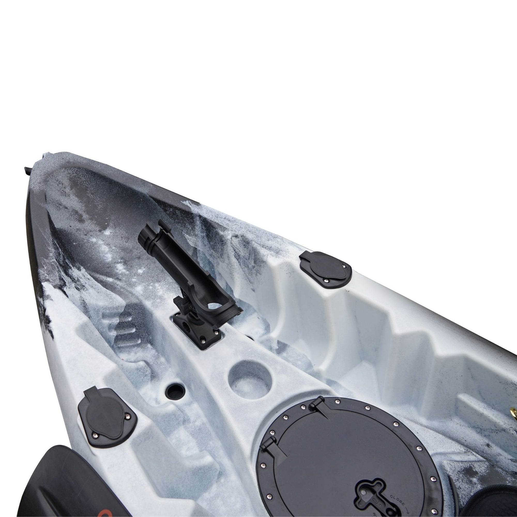 Cambridge Kayaks Sunfish Double Fishing Kayak in black white camo, rear-facing photo showing bungee storage and stern handle for UK sea and lake kayaking.