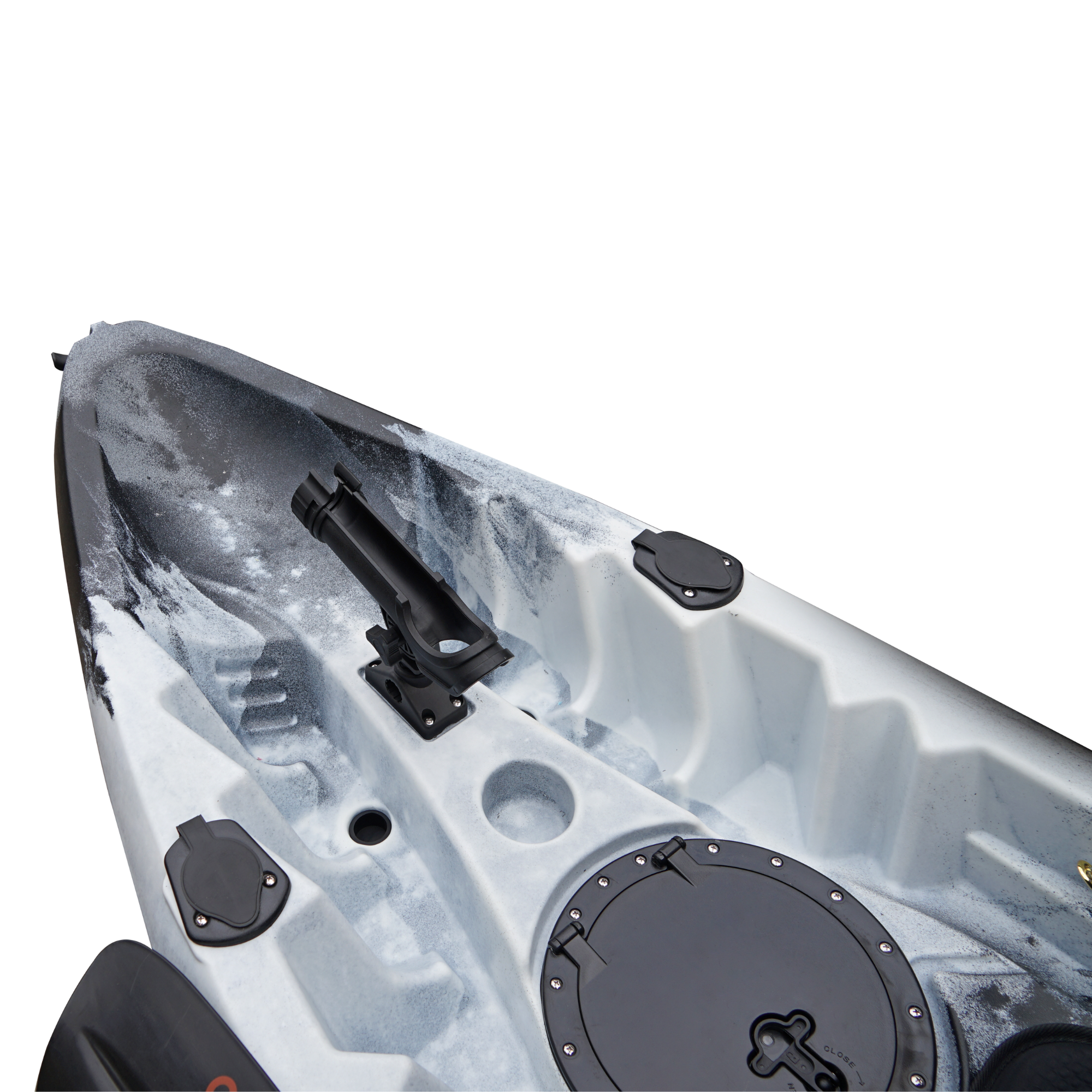 Cambridge Kayaks Sunfish Double Fishing Kayak in black white camo, rear-facing photo showing bungee storage and stern handle for UK sea and lake kayaking.