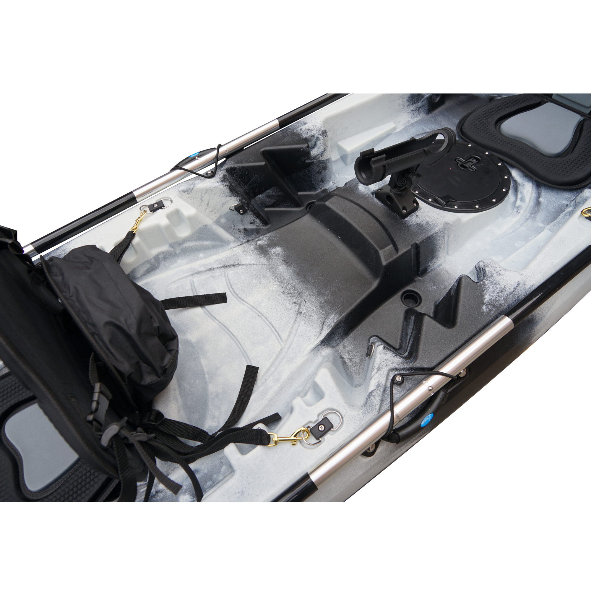 Cambridge Kayaks Sunfish Double Fishing Kayak in black white camo, side photo displaying hull profile and rear carry handle for easy transport around the UK.