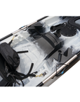 Cambridge Kayaks Sunfish Double Fishing Kayak in black white camo, side photo displaying hull profile and rear carry handle for easy transport around the UK.
