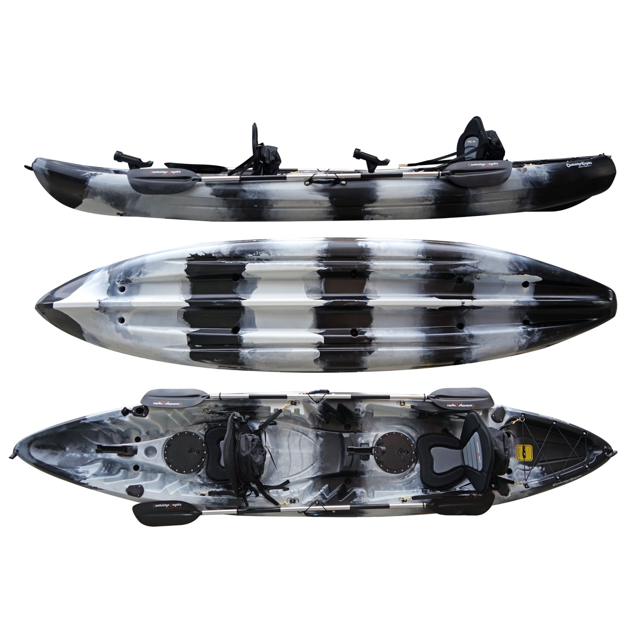 Cambridge Kayaks Sunfish Double Fishing Kayak in black white camo colour, showing full top, bottom, and side profile views highlighting the hull design, seat layout, and stability features for UK anglers and family kayakers.
