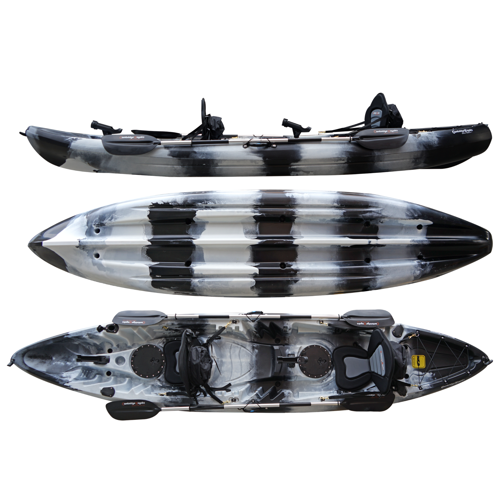 Cambridge Kayaks Sunfish Double Fishing Kayak in black white camo colour, showing full top, bottom, and side profile views highlighting the hull design, seat layout, and stability features for UK anglers and family kayakers.