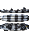 Cambridge Kayaks Sunfish Double Fishing Kayak in black white camo colour, showing full top, bottom, and side profile views highlighting the hull design, seat layout, and stability features for UK anglers and family kayakers.
