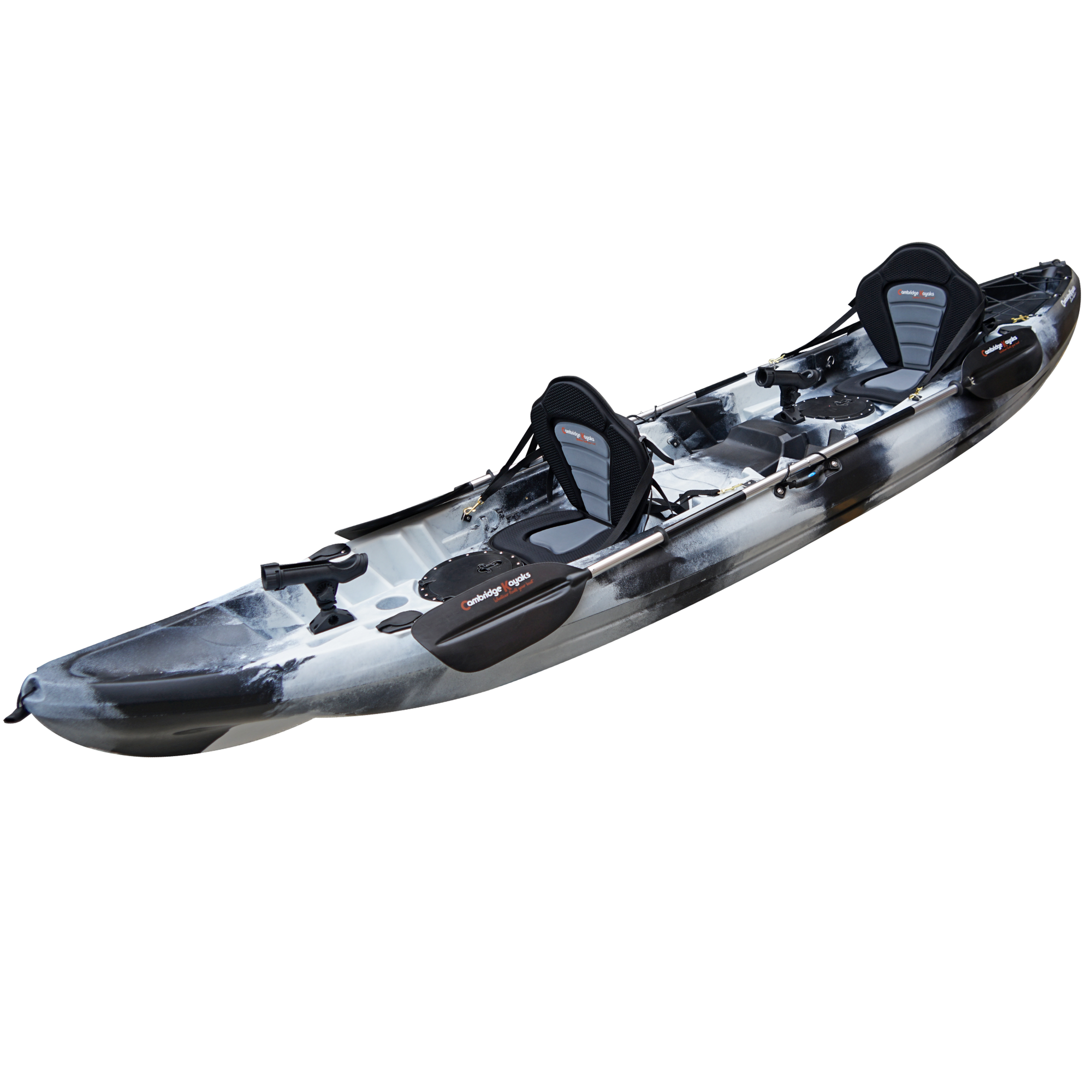 Cambridge Kayaks Sunfish Double Fishing Kayak in black white camo, angled top image highlighting seating positions and scupper plugs for drainage in UK waters.