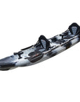 Cambridge Kayaks Sunfish Double Fishing Kayak in black white camo, angled top image highlighting seating positions and scupper plugs for drainage in UK waters.