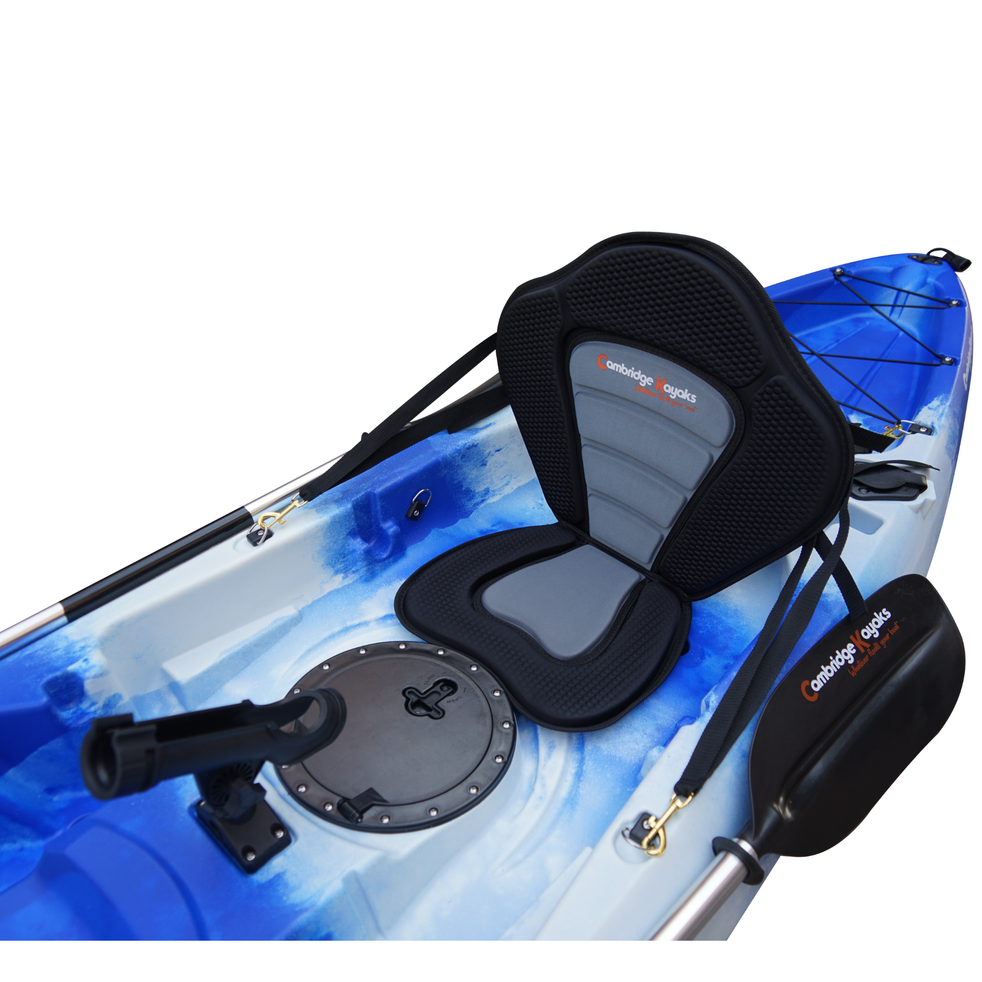 Cambridge Kayaks Sunfish Double Fishing Kayak in blue camo, angled front photo showing bow bungee cords and front storage hatch ideal for UK kayaking trips.