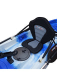 Cambridge Kayaks Sunfish Double Fishing Kayak in blue camo, angled front photo showing bow bungee cords and front storage hatch ideal for UK kayaking trips.