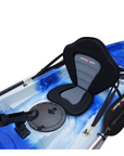 Cambridge Kayaks Sunfish Double Fishing Kayak in blue camo, angled front photo showing bow bungee cords and front storage hatch ideal for UK kayaking trips.