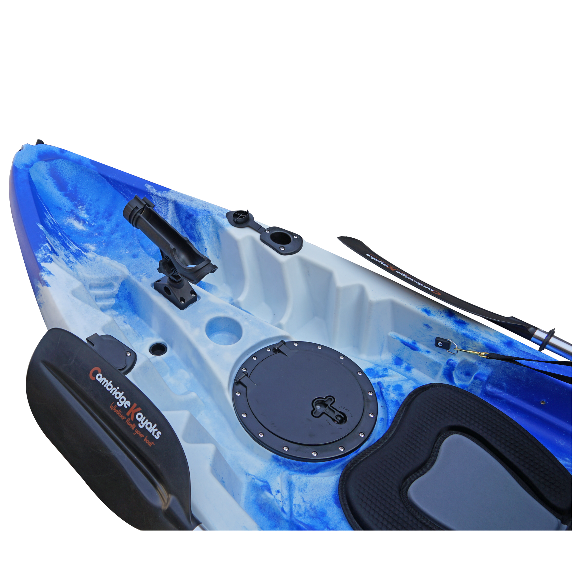 Cambridge Kayaks Sunfish Double Fishing Kayak in blue camo design, overhead image showing twin seating, paddle mounts, and storage hatches for UK coastal and river use.