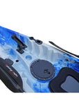 Cambridge Kayaks Sunfish Double Fishing Kayak in blue camo design, overhead image showing twin seating, paddle mounts, and storage hatches for UK coastal and river use.