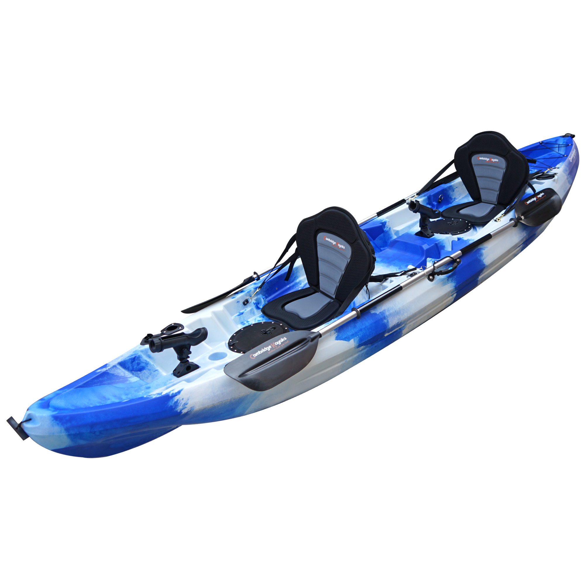 Cambridge Kayaks Sunfish Double Fishing Kayak in blue camo, rear-facing view displaying cargo well, drainage plugs and seat mounts for UK leisure or fishing adventures.