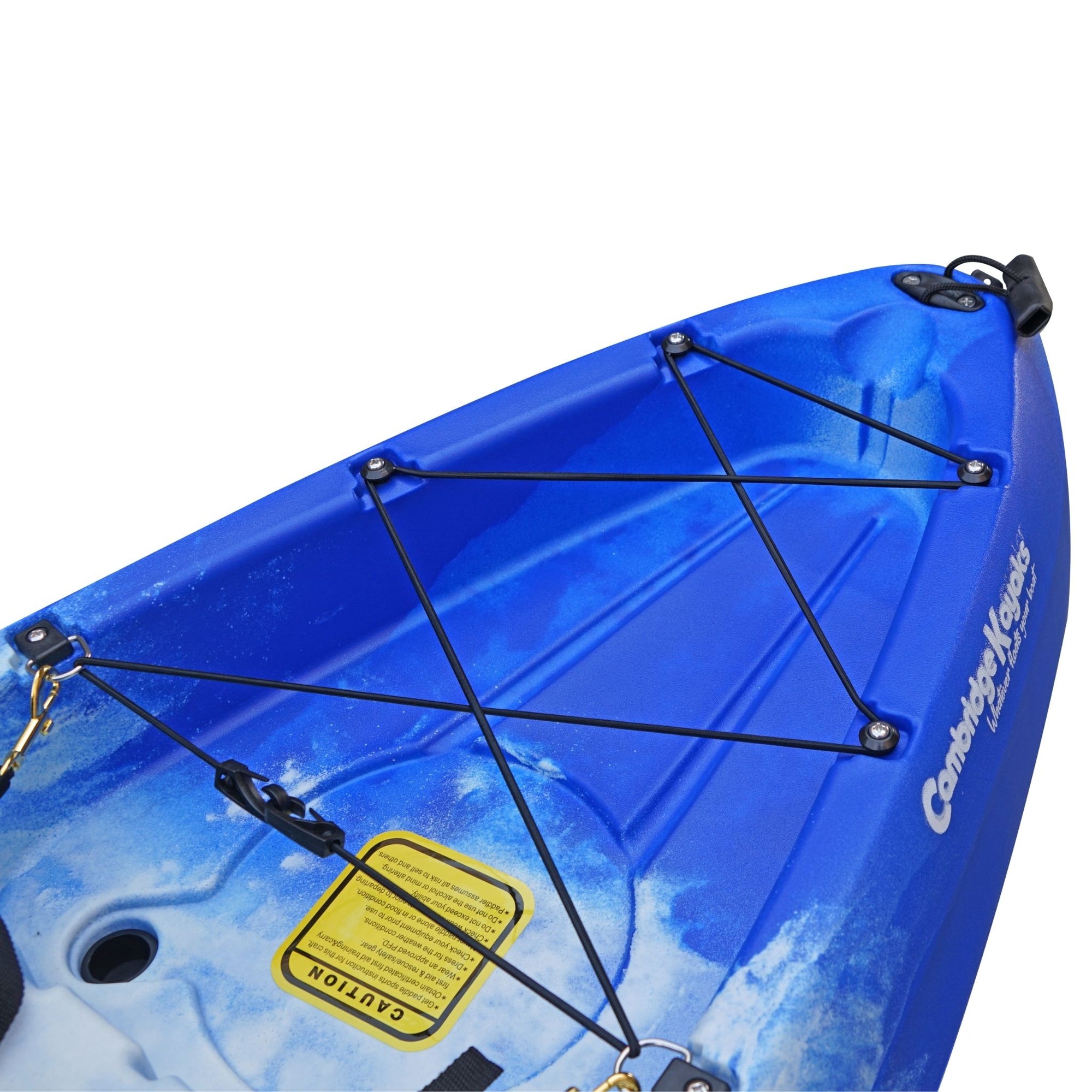Cambridge Kayaks Sunfish Double Fishing Kayak in blue camo colour, side profile view highlighting hull design for excellent stability in UK lakes and sea waters.