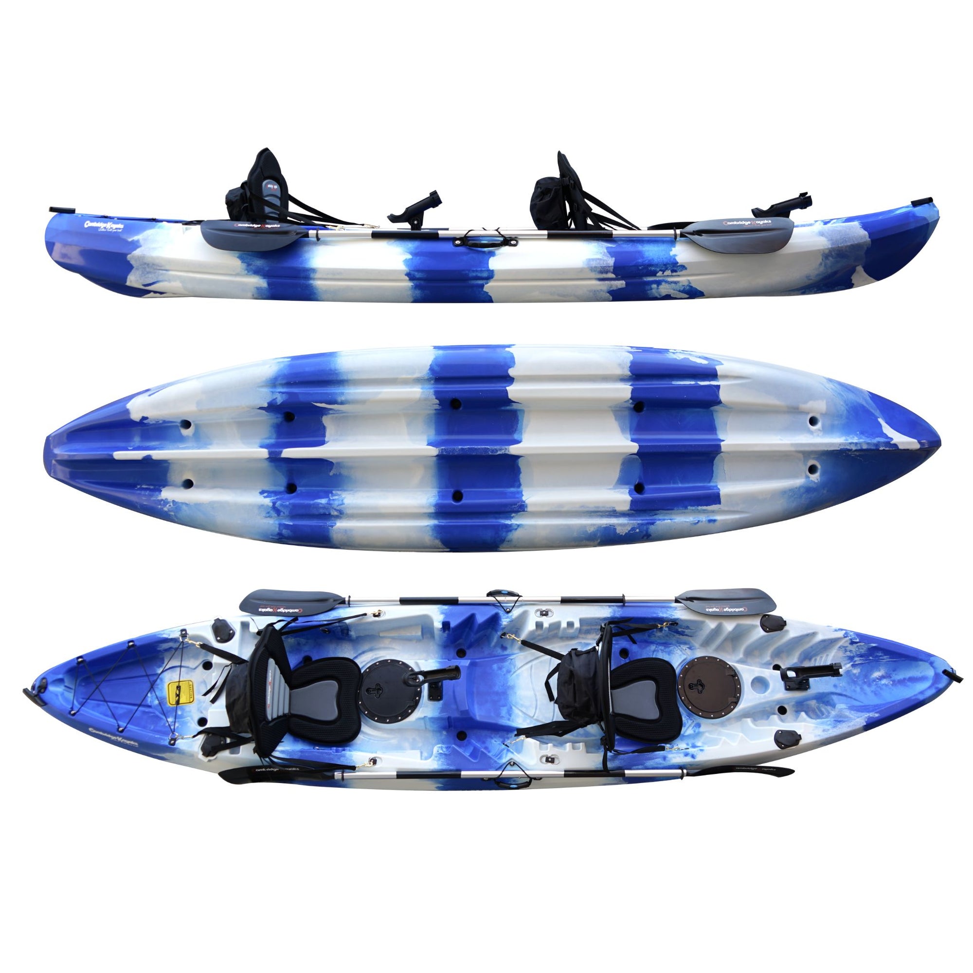 Cambridge Kayaks Sunfish Double Fishing Kayak in blue white colour, full top-down view showing two seating positions, storage hatches and deck layout for UK coastal or lake paddling.