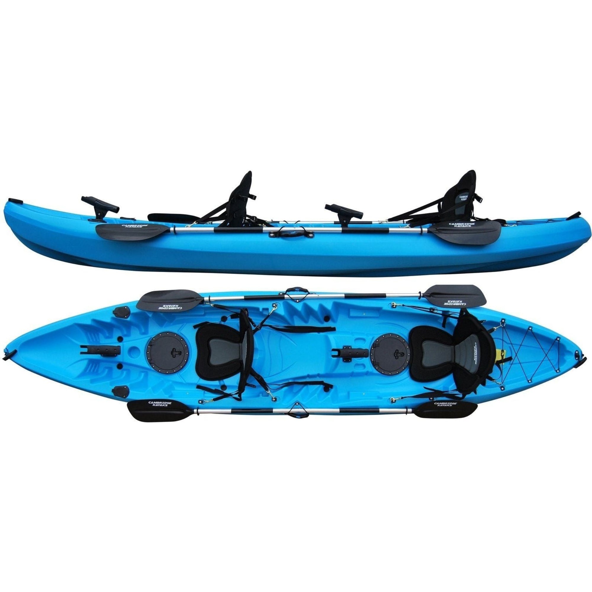 Top and side view of Cambridge Kayaks Sunfish double sit on top fishing kayak in blue with paddles and seating layout
