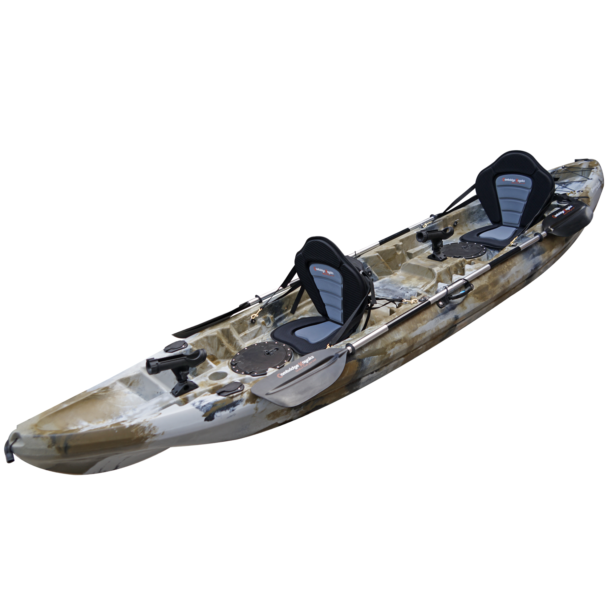 Cambridge Kayaks Sunfish Double Fishing Kayak in desert camo colour, angled front photograph showing bow bungee cords, hatch and carry handle for sea and freshwater kayaking across the UK.