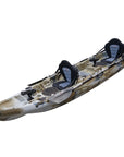 Cambridge Kayaks Sunfish Double Fishing Kayak in desert camo colour, angled front photograph showing bow bungee cords, hatch and carry handle for sea and freshwater kayaking across the UK.