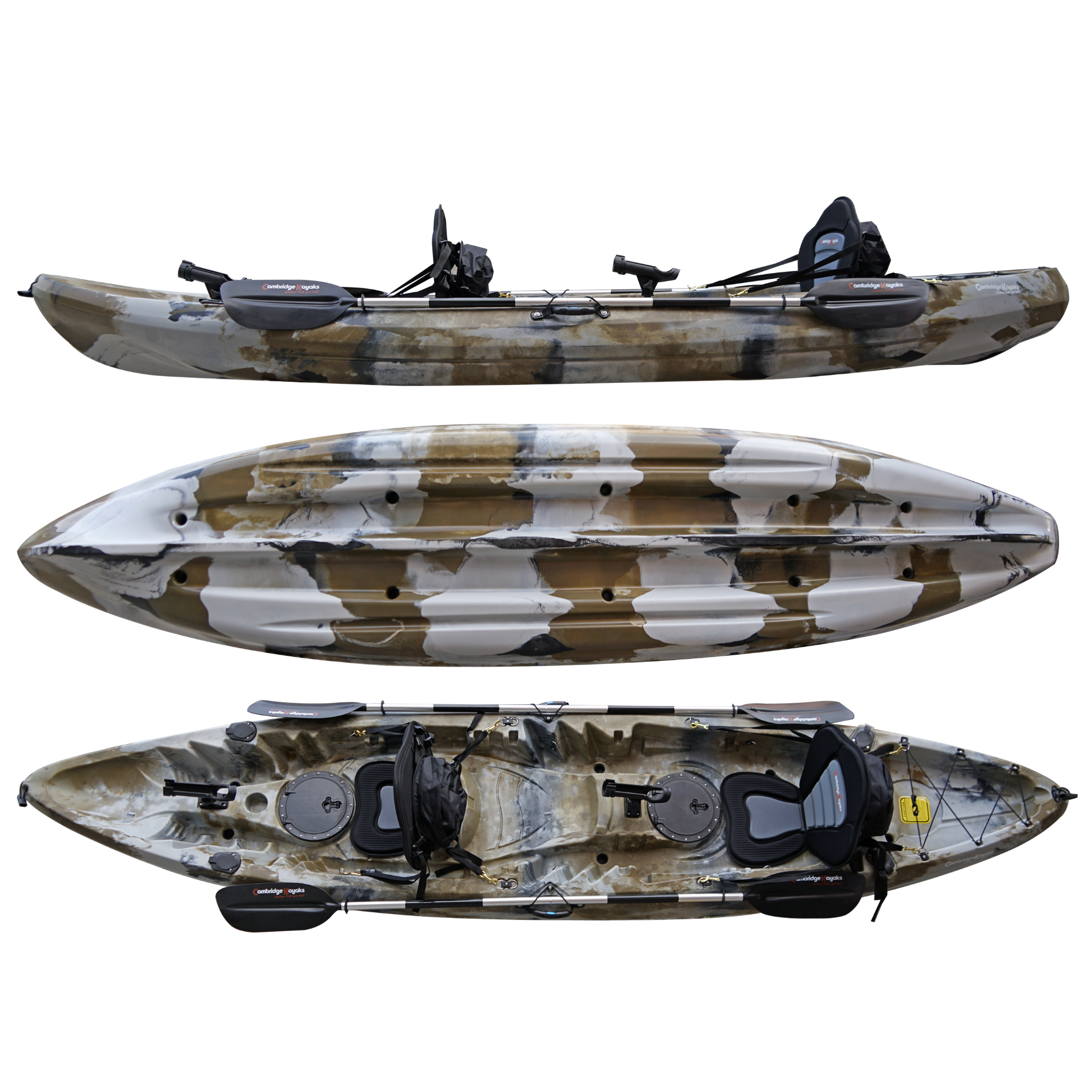Cambridge Kayaks Sunfish Double Fishing Kayak in desert camo pattern, top-down shot highlighting rod holders and central storage area for sea and river angling in the UK.