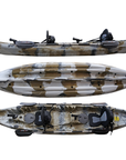 Cambridge Kayaks Sunfish Double Fishing Kayak in desert camo pattern, top-down shot highlighting rod holders and central storage area for sea and river angling in the UK.