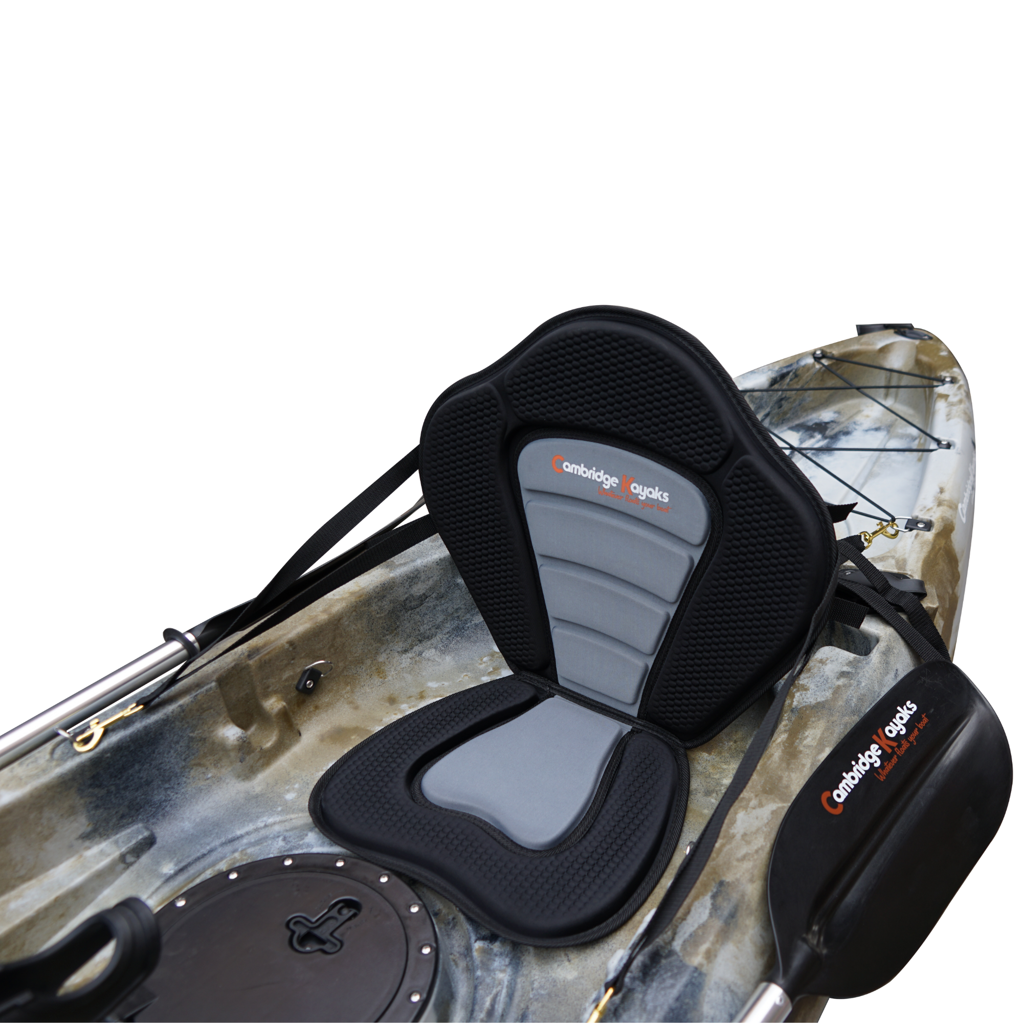 Cambridge Kayaks Sunfish Double Fishing Kayak in desert camo pattern, full overhead view showing twin seats, rod holders, and storage hatches designed for durable use on UK rivers and coasts.