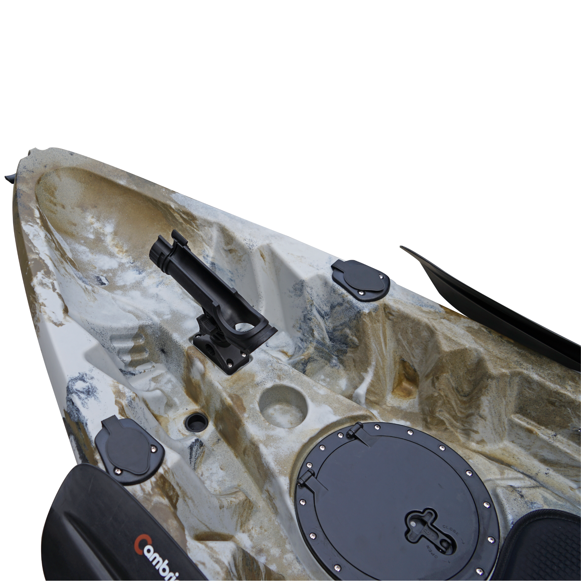 Cambridge Kayaks Sunfish Double Fishing Kayak in desert camo finish, rear-to-front angle displaying cargo storage well, bungee straps and rear handle for convenient transport in the UK.