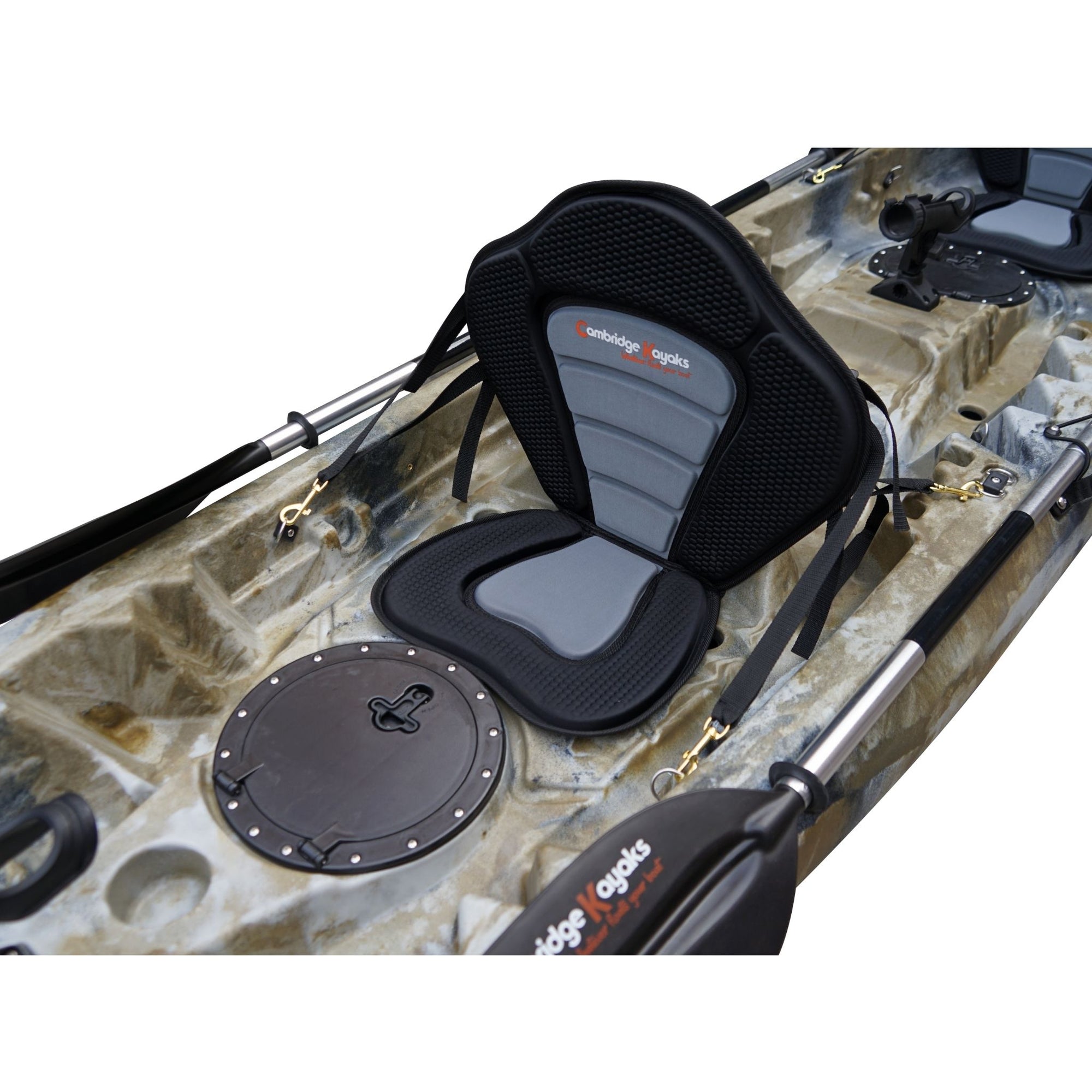 Cambridge Kayaks Sunfish Double Fishing Kayak in desert camo, side profile view highlighting hull contours for balance and stability on UK lakes or open waters.