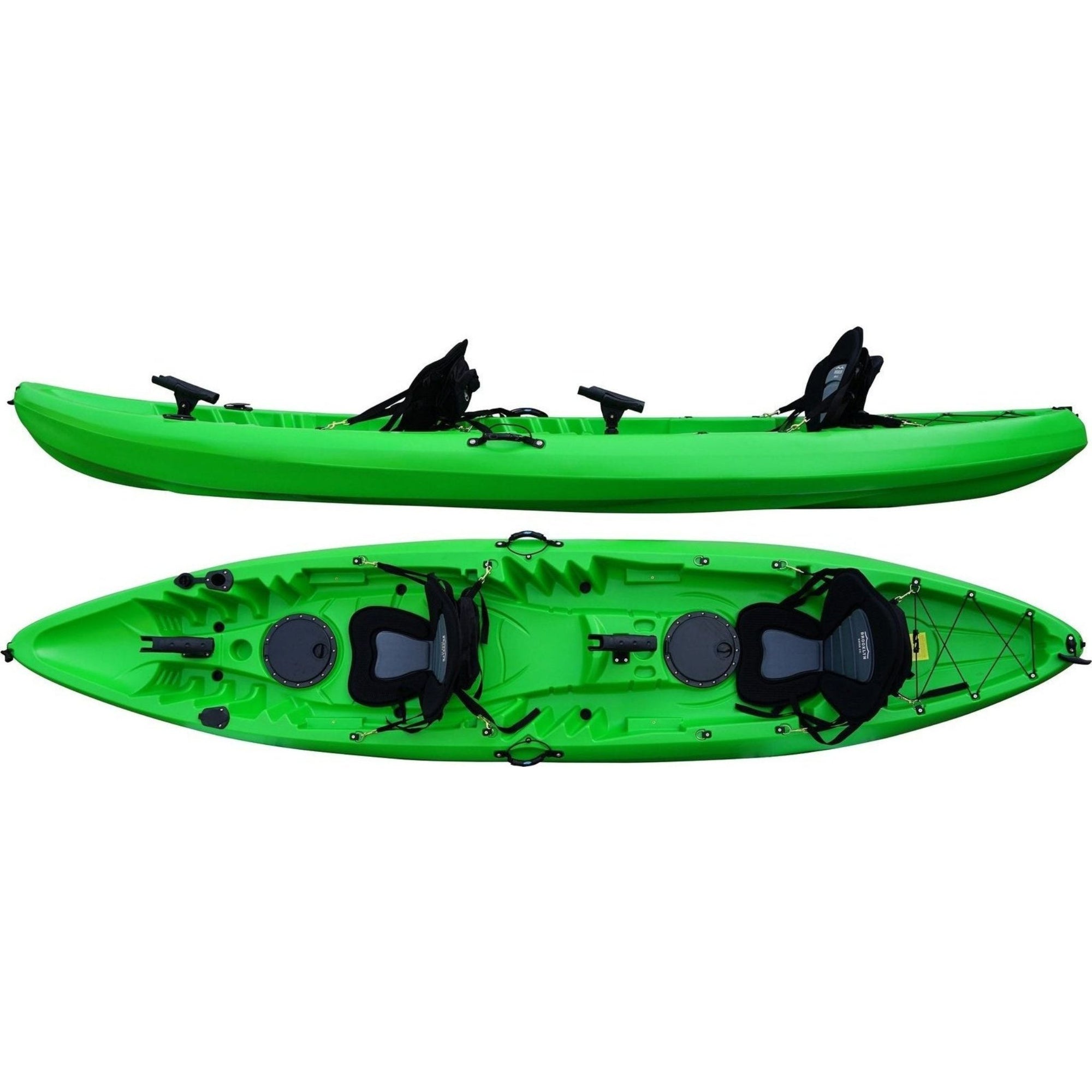 Top and side view of Cambridge Kayaks Sunfish double sit on top fishing kayak in green showing seating and storage layout