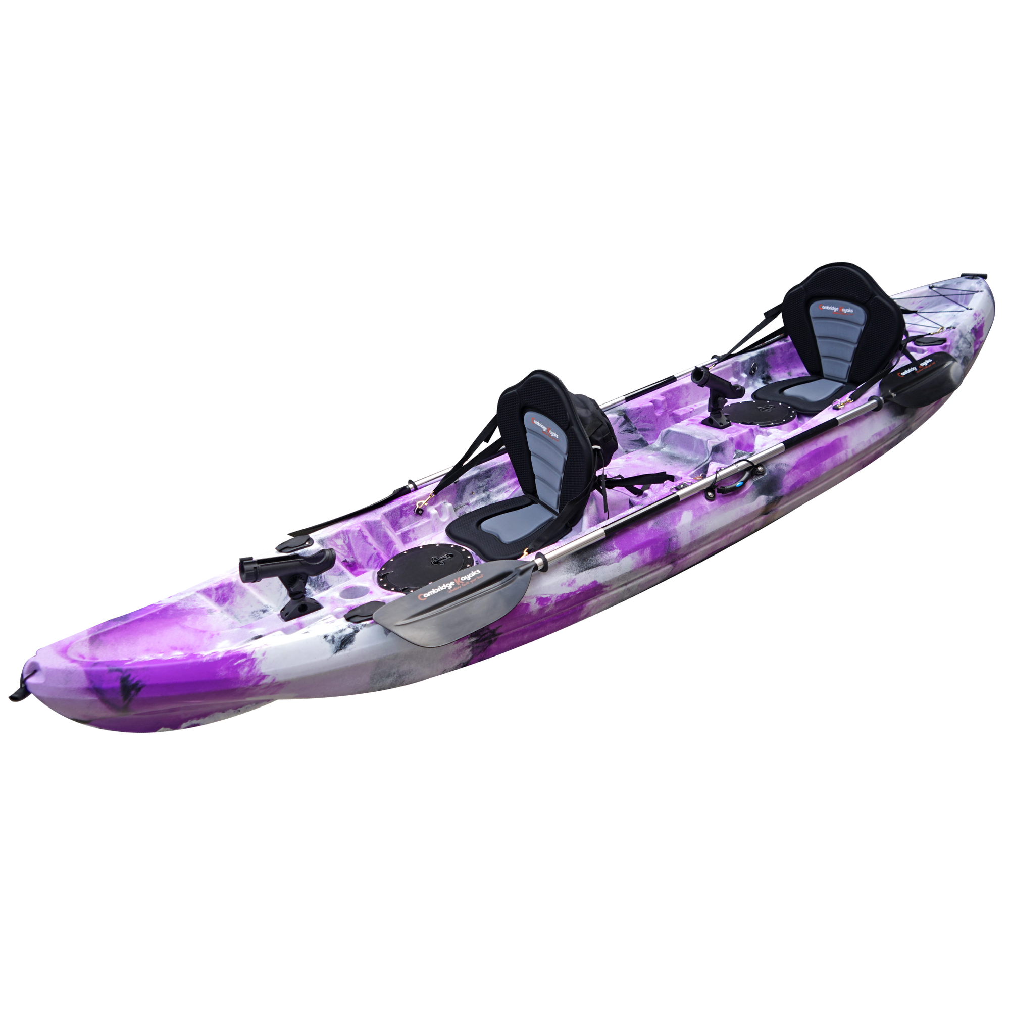 Cambridge Kayaks Sunfish Double Fishing Kayak in purple camo finish, angled front photo displaying storage hatch, bow handle and deck detail for stable paddling on UK waters.
