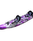 Cambridge Kayaks Sunfish Double Fishing Kayak in purple camo finish, angled front photo displaying storage hatch, bow handle and deck detail for stable paddling on UK waters.