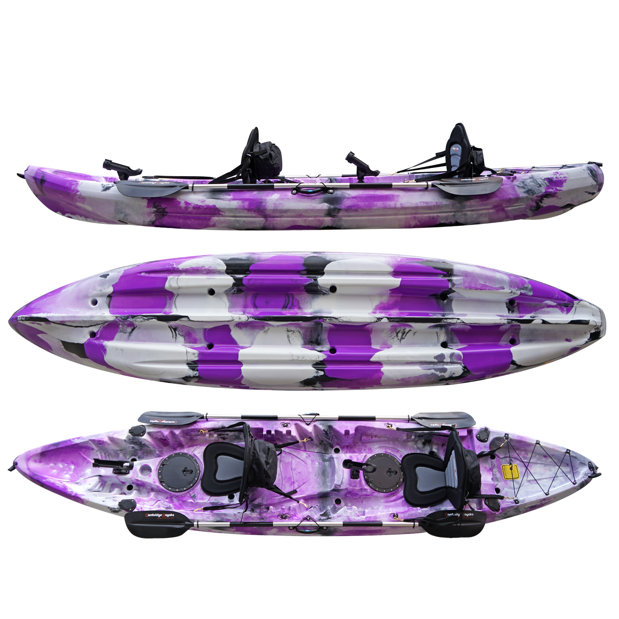 Cambridge Kayaks Sunfish Double Fishing Kayak in purple camo colour, overhead photo of full hull displaying seat positions and deck fittings for recreational paddling in the UK.