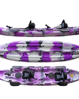 Cambridge Kayaks Sunfish Double Fishing Kayak in purple camo colour, overhead photo of full hull displaying seat positions and deck fittings for recreational paddling in the UK.