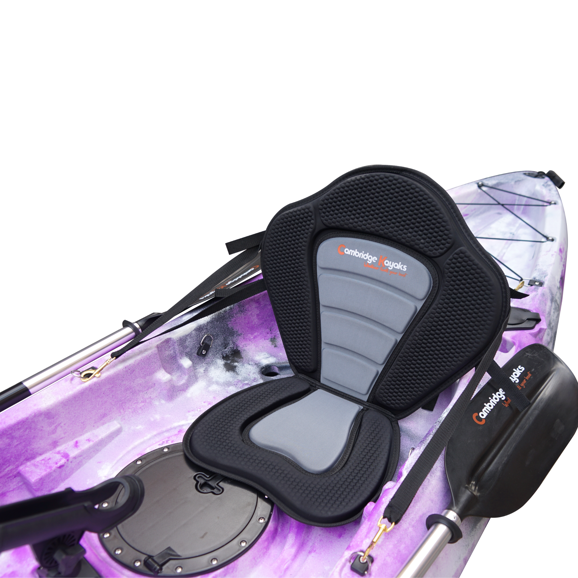 Cambridge Kayaks Sunfish Double Fishing Kayak in purple camo colour, top-down shot showing twin seating and hatch layout for family or tandem use in UK waters.