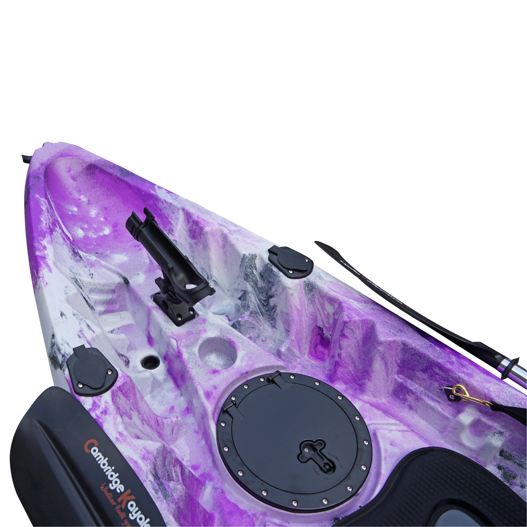 Cambridge Kayaks Sunfish Double Fishing Kayak in purple camo pattern, rear-angle image showing bungee storage well and stern handle used for transport and storage in the UK.