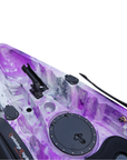 Cambridge Kayaks Sunfish Double Fishing Kayak in purple camo pattern, rear-angle image showing bungee storage well and stern handle used for transport and storage in the UK.
