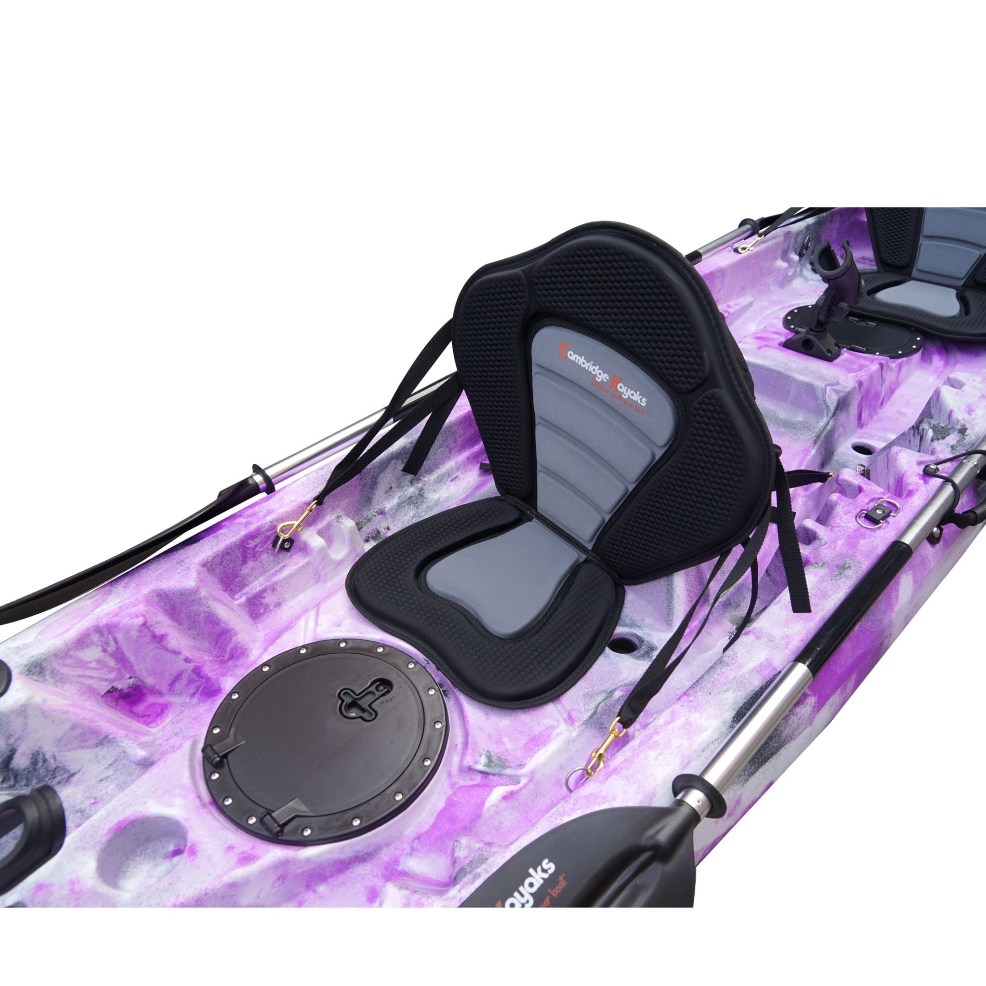 Cambridge Kayaks Sunfish Double Fishing Kayak in purple camo design, side image highlighting hull lines, seat positioning and paddle clip mounts ideal for UK leisure kayakers.