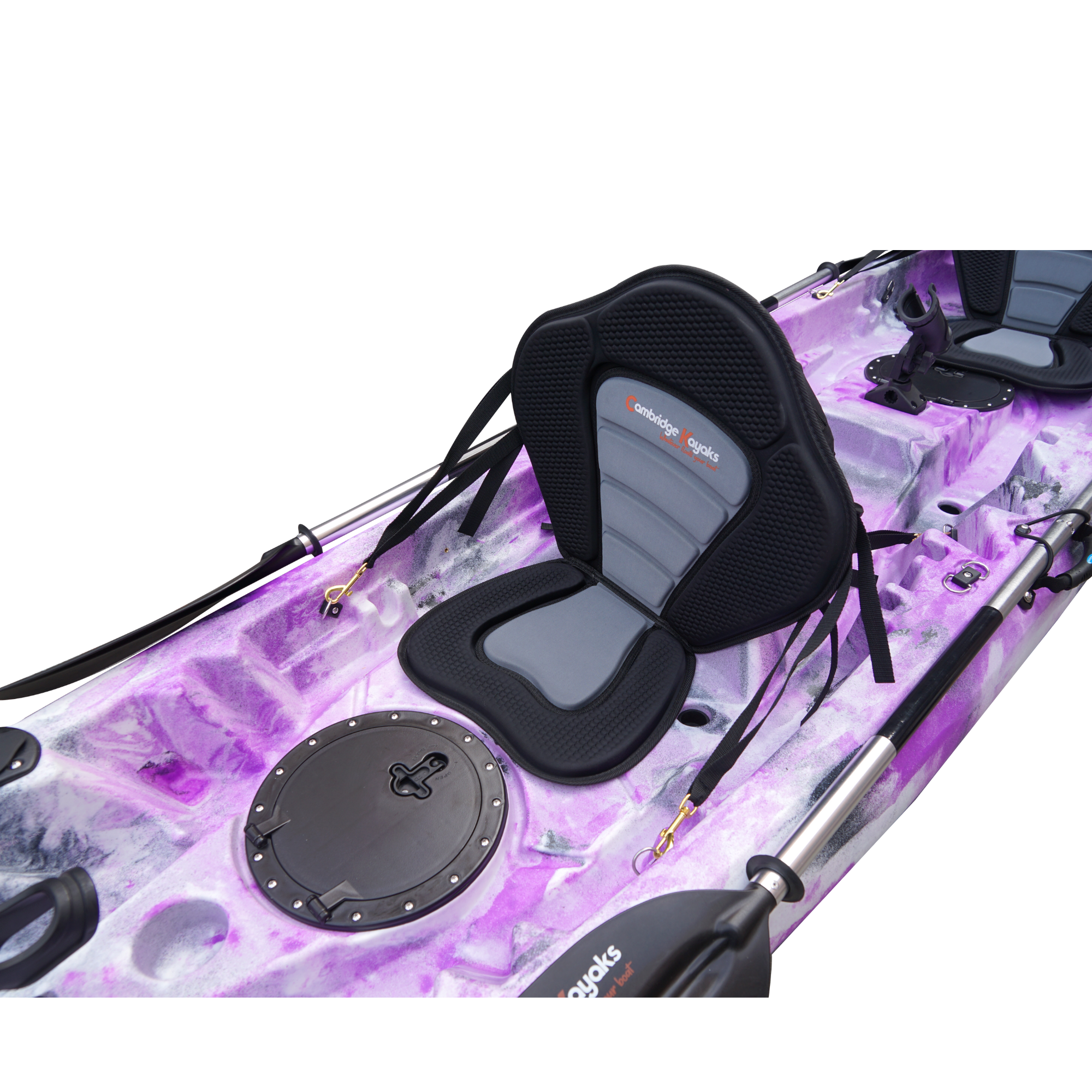 Cambridge Kayaks Sunfish Double Fishing Kayak in purple camo design, side image highlighting hull lines, seat positioning and paddle clip mounts ideal for UK leisure kayakers.