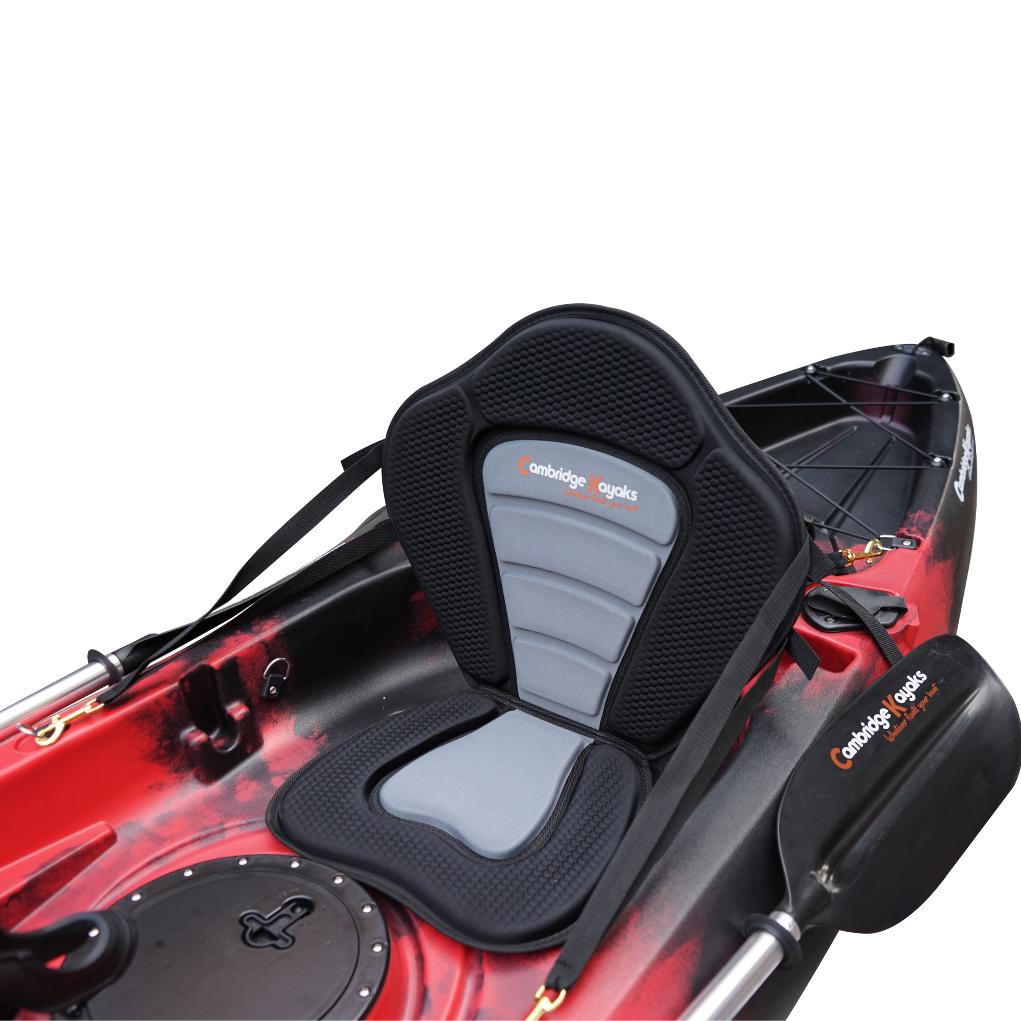 Cambridge Kayaks Sunfish Double Fishing Kayak in red black camo colour, front-angled photo capturing bow hatch, seating positions and deck layout used across UK waters.