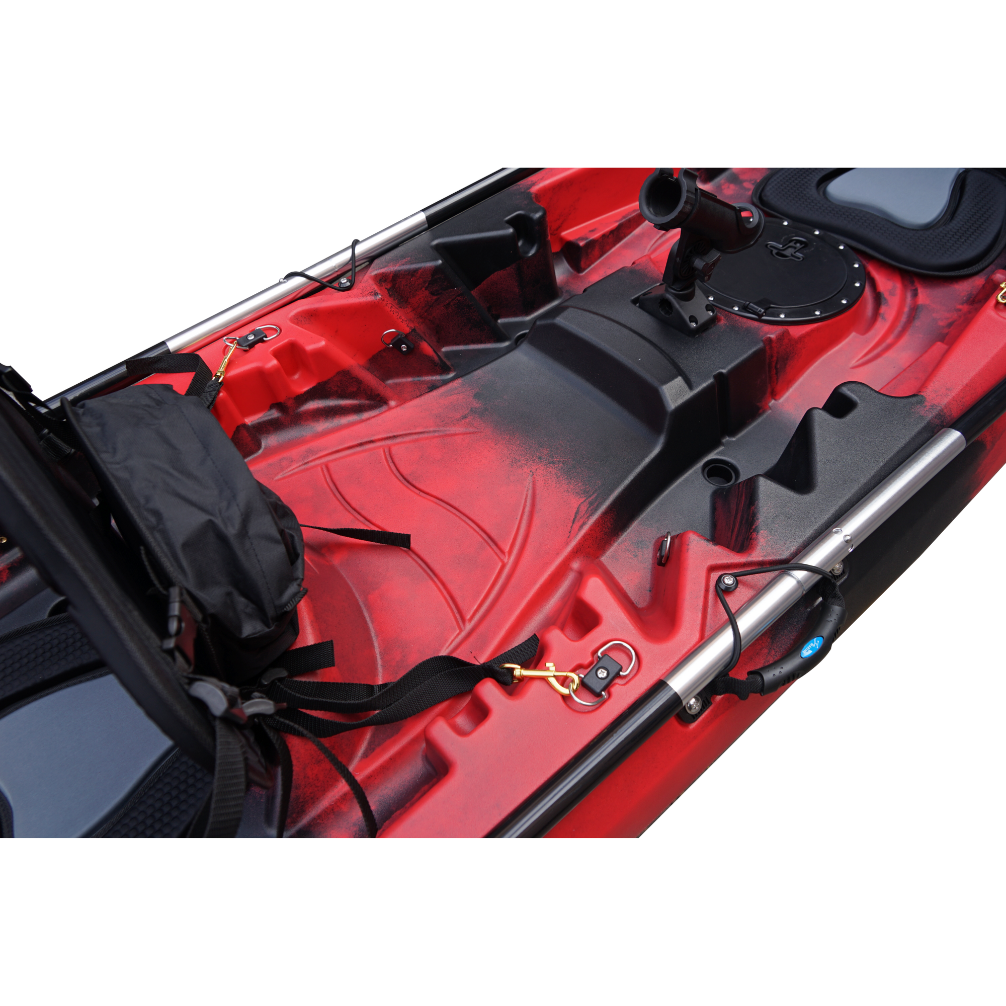 Cambridge Kayaks Sunfish Double Fishing Kayak in red black camo finish, mid-deck image detailing twin seat bases, drainage holes and deck design for fishing trips around the UK.