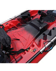 Cambridge Kayaks Sunfish Double Fishing Kayak in red black camo finish, mid-deck image detailing twin seat bases, drainage holes and deck design for fishing trips around the UK.