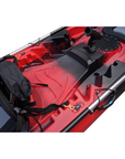 Cambridge Kayaks Sunfish Double Fishing Kayak in red black camo finish, mid-deck image detailing twin seat bases, drainage holes and deck design for fishing trips around the UK.