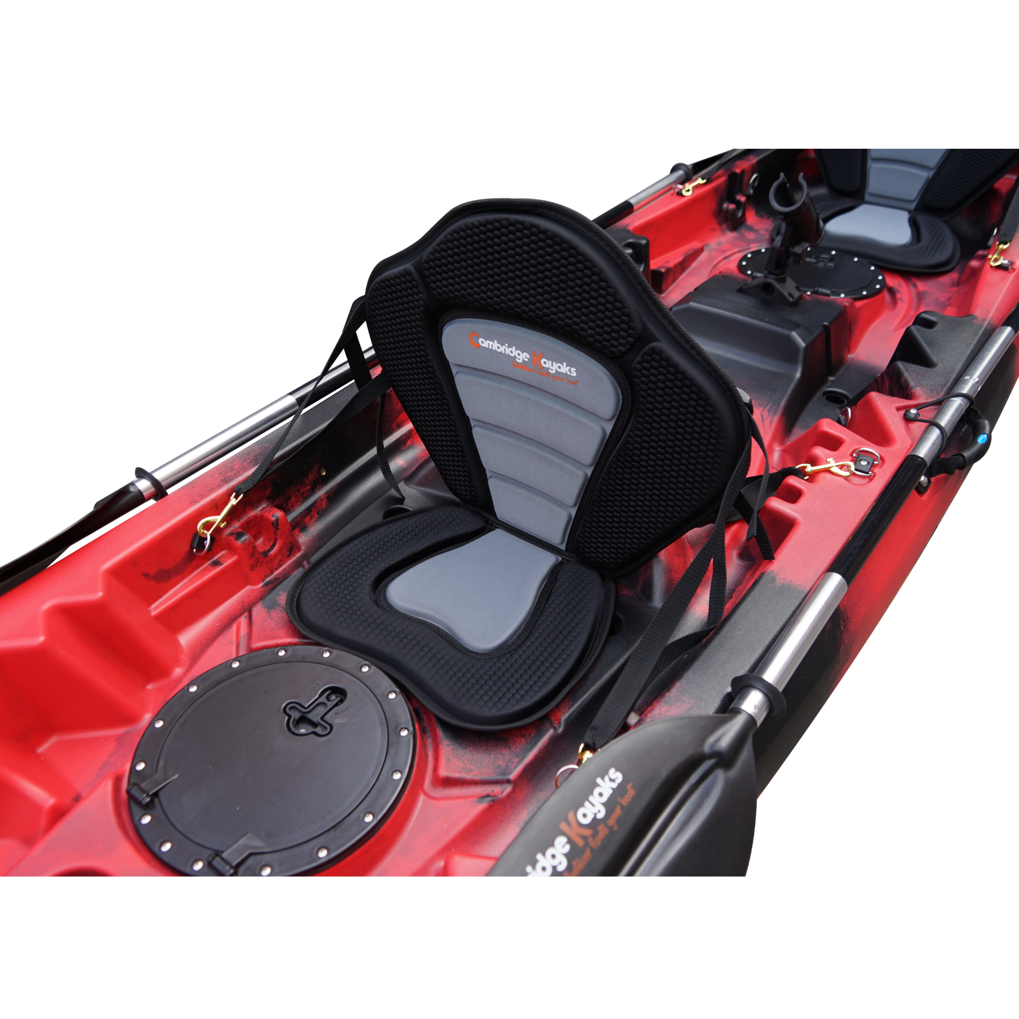 Cambridge Kayaks Sunfish Double Fishing Kayak in red black camo finish, overhead image highlighting hull design, twin seat bases and storage hatches for UK fishing enthusiasts.