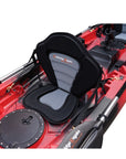 Cambridge Kayaks Sunfish Double Fishing Kayak in red black camo finish, overhead image highlighting hull design, twin seat bases and storage hatches for UK fishing enthusiasts.