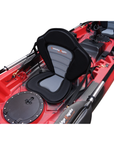 Cambridge Kayaks Sunfish Double Fishing Kayak in red black camo finish, overhead image highlighting hull design, twin seat bases and storage hatches for UK fishing enthusiasts.