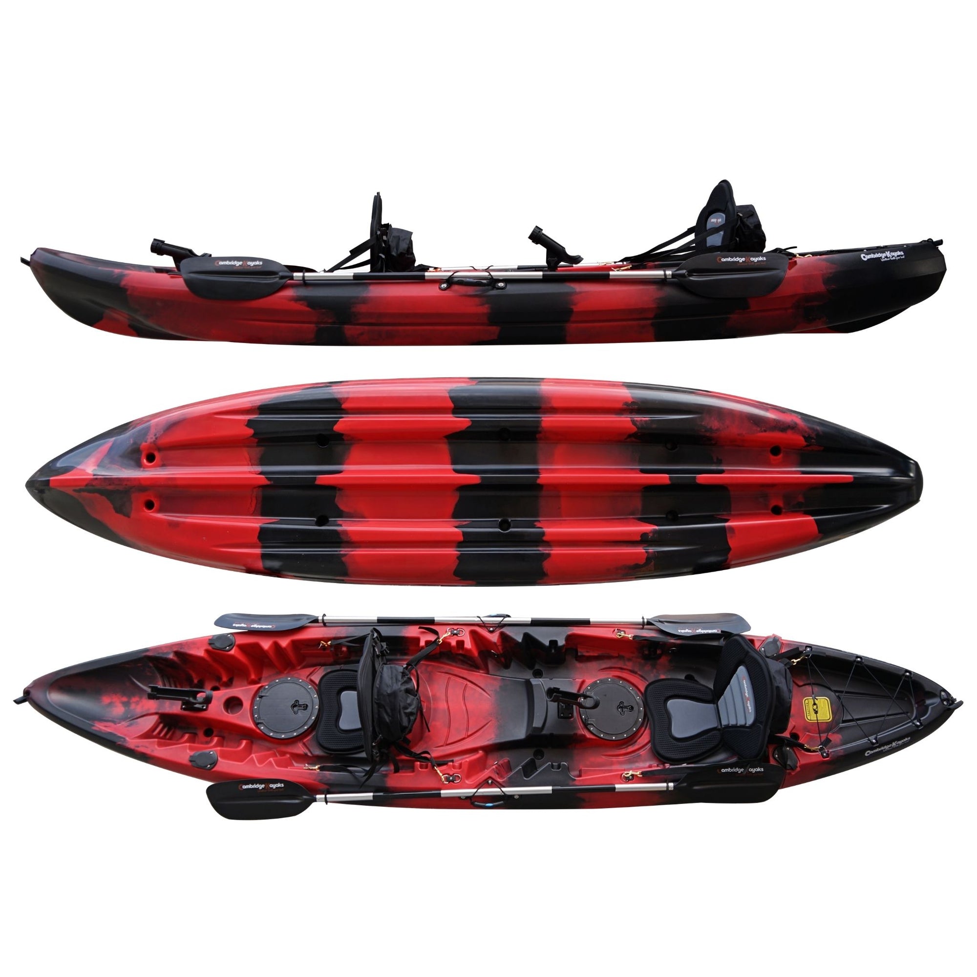 Cambridge Kayaks Sunfish Double Fishing Kayak in red black camo design, complete top view showing dual seating layout with storage hatch and deck fittings for UK fishing trips.
