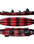 Cambridge Kayaks Sunfish Double Fishing Kayak in red black camo design, complete top view showing dual seating layout with storage hatch and deck fittings for UK fishing trips.