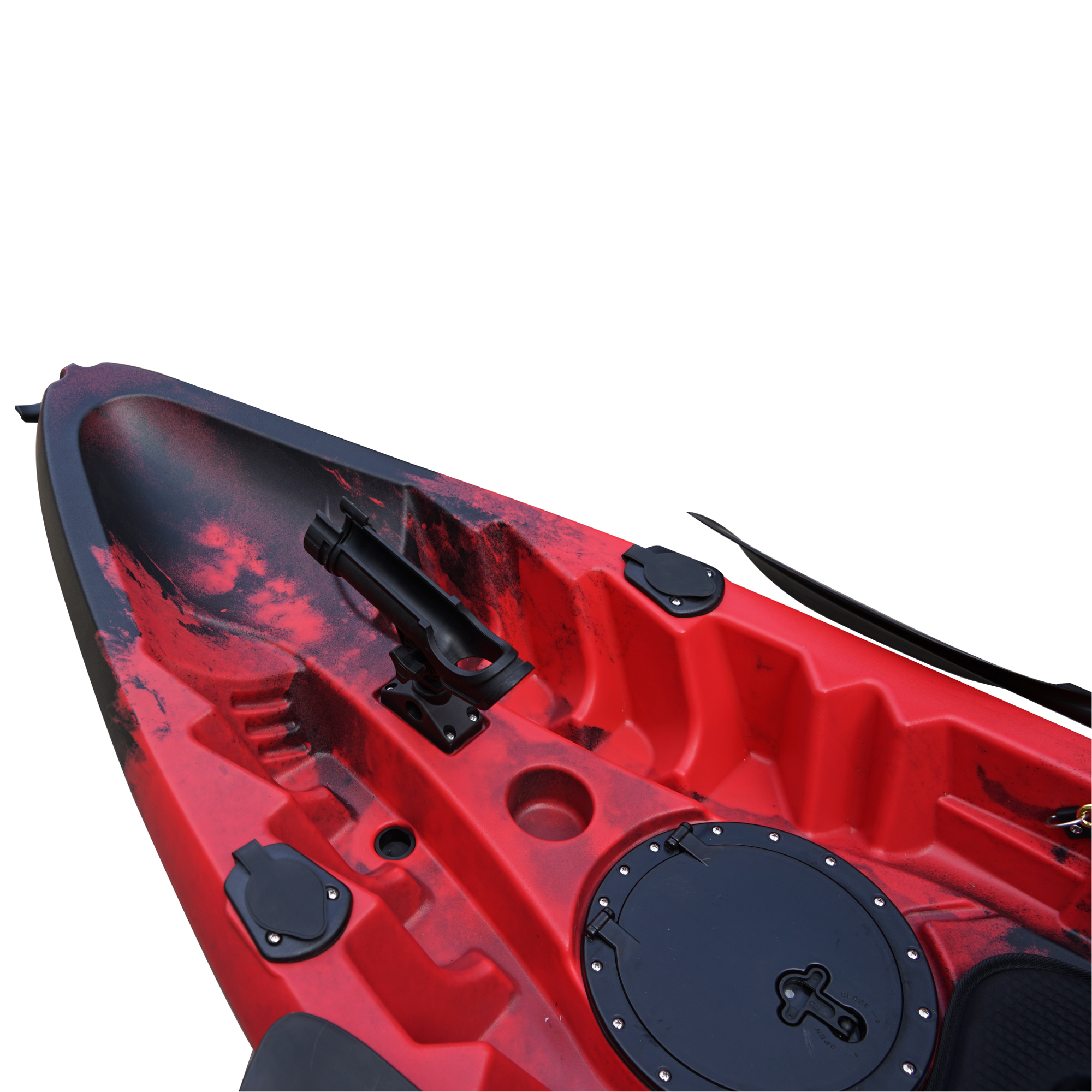 Cambridge Kayaks Sunfish Double Fishing Kayak in red black camo pattern, rear photo showing cargo well with bungee cords and stern handle for easy carrying on UK beaches or rivers.