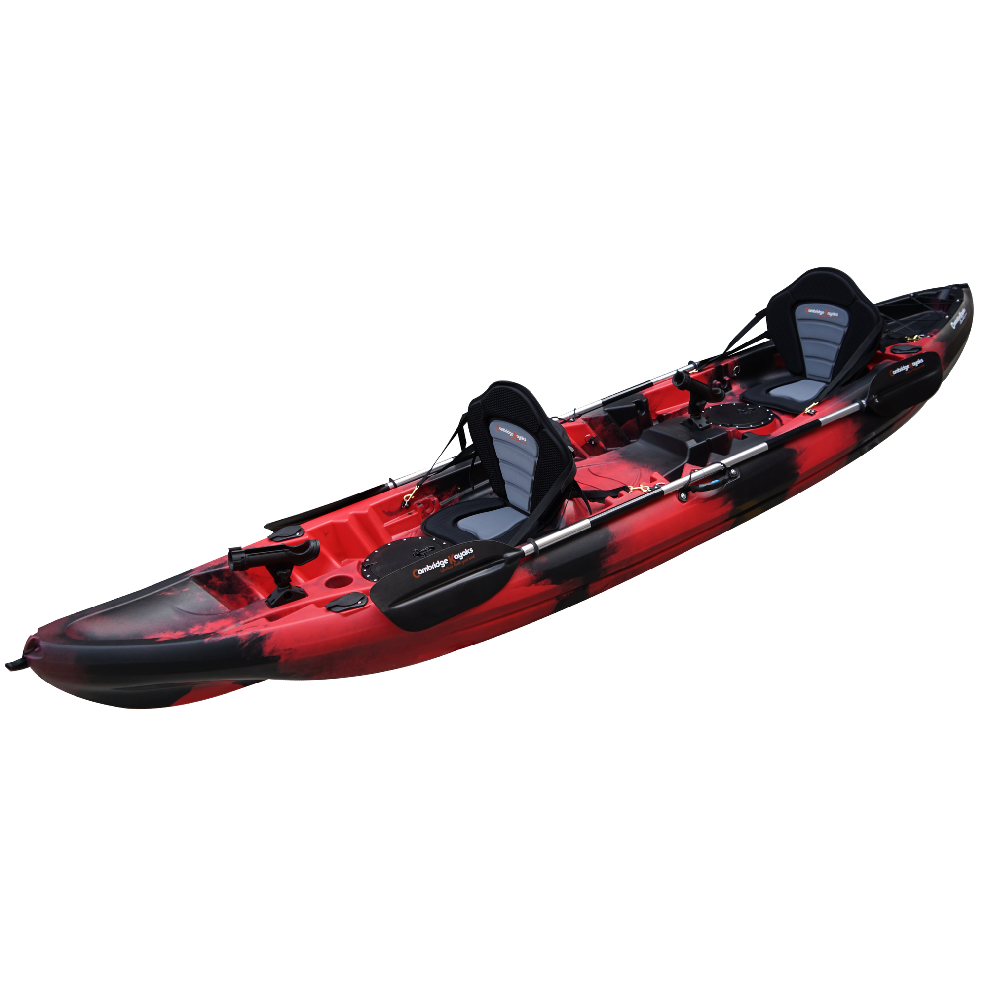 Cambridge Kayaks Sunfish Double Fishing Kayak in red black camo, side view showing rod holders, moulded footrests and paddle clips, ideal for UK coastal kayaking.