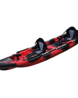 Cambridge Kayaks Sunfish Double Fishing Kayak in red black camo, side view showing rod holders, moulded footrests and paddle clips, ideal for UK coastal kayaking.