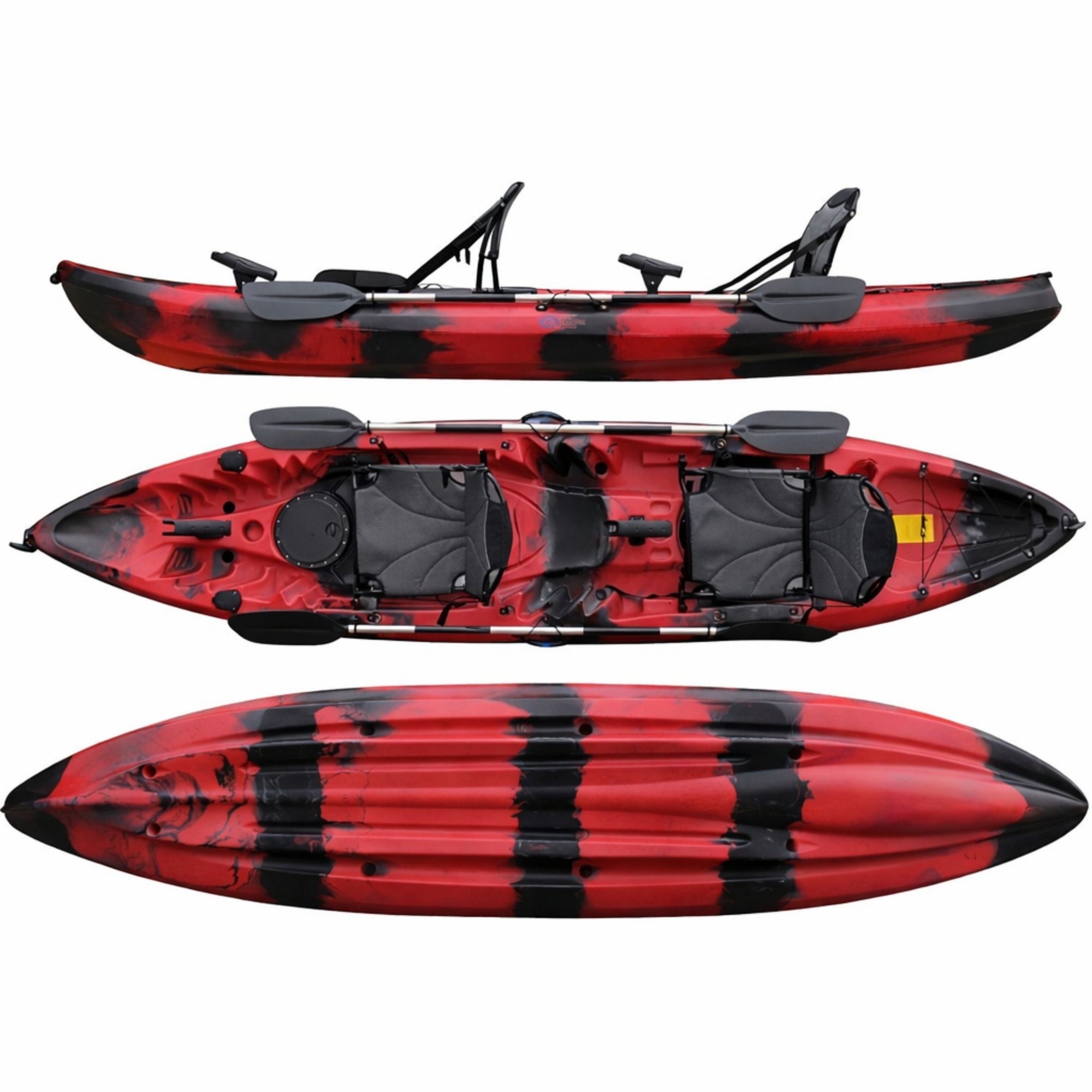 Cambridge Kayaks Sunfish double fishing kayak red camo full top side and hull view with upgraded seats