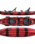 Cambridge Kayaks Sunfish double fishing kayak red camo full top side and hull view with upgraded seats